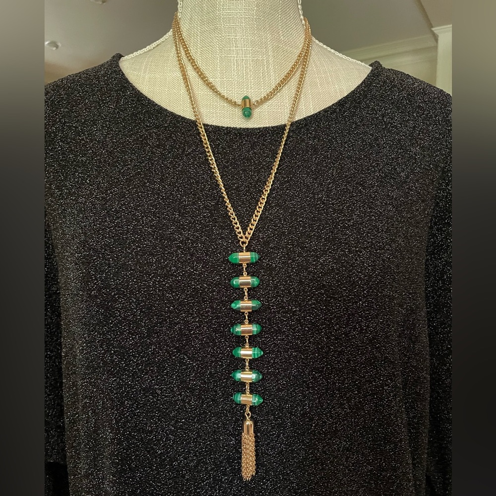 VGC Double-strand Tassel Necklace. Faux Chrysoprase/Green